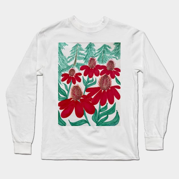 Red Spikey Flowers Long Sleeve T-Shirt by Finnaflutter